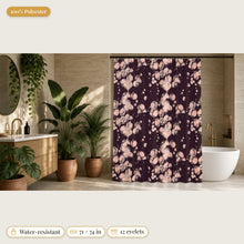 Load image into Gallery viewer, Majestical Rose Quartz crystal shower curtain in a bathroom: 100% polyester, water-resistant, 71 x 74 in, 12 eyelets
