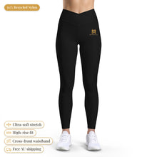 Load image into Gallery viewer, Majestical Luxe Nylon Tights in black worn by a model: 70% recycled nylon, ultra-soft stretch, high-rise fit, cross-front waistband, free Australian shipping
