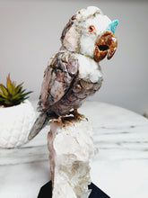 Load image into Gallery viewer, Peruvian Quantum Quartz (Chrysocolla in Quartz) Cockatoo on Clear Quartz Cluster Base
