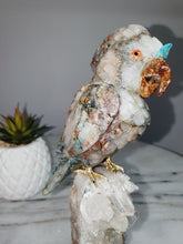 Load image into Gallery viewer, Peruvian Quantum Quartz (Chrysocolla in Quartz) Cockatoo on Clear Quartz Cluster Base

