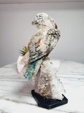 Load image into Gallery viewer, Peruvian Quantum Quartz (Chrysocolla in Quartz) Cockatoo on Clear Quartz Cluster Base
