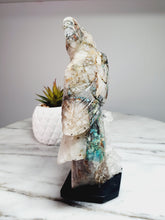 Load image into Gallery viewer, Peruvian Quantum Quartz (Chrysocolla in Quartz) Cockatoo on Clear Quartz Cluster Base
