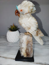 Load image into Gallery viewer, Peruvian Quantum Quartz (Chrysocolla in Quartz) Cockatoo on Clear Quartz Cluster Base
