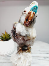 Load image into Gallery viewer, Peruvian Quantum Quartz (Chrysocolla in Quartz) Cockatoo on Clear Quartz Cluster Base
