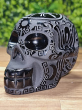 Load image into Gallery viewer, Black Obsidian Aztec Etched Carving Skull
