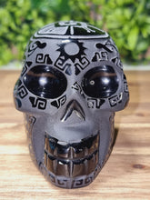 Load image into Gallery viewer, Black Obsidian Aztec Etched Carving Skull
