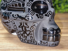 Load image into Gallery viewer, Black Obsidian Aztec Etched Carving Skull
