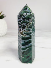 Load image into Gallery viewer, Super Unique Moss Agate Point with Zebra Druzies
