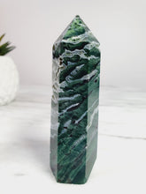 Load image into Gallery viewer, Super Unique Moss Agate Point with Zebra Druzies
