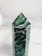 Load image into Gallery viewer, Super Unique Moss Agate Point with Zebra Druzies
