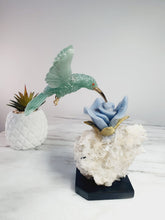 Load image into Gallery viewer, Green Jade Hummingbird on Cluster Quartz Base &amp; Angelite Flower with Serpentine Leaves
