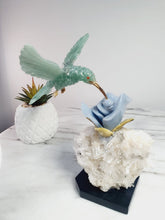 Load image into Gallery viewer, Green Jade Hummingbird on Cluster Quartz Base &amp; Angelite Flower with Serpentine Leaves
