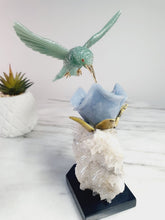 Load image into Gallery viewer, Green Jade Hummingbird on Cluster Quartz Base &amp; Angelite Flower with Serpentine Leaves
