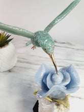 Load image into Gallery viewer, Green Jade Hummingbird on Cluster Quartz Base &amp; Angelite Flower with Serpentine Leaves
