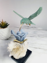 Load image into Gallery viewer, Green Jade Hummingbird on Cluster Quartz Base &amp; Angelite Flower with Serpentine Leaves
