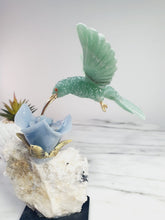 Load image into Gallery viewer, Green Jade Hummingbird on Cluster Quartz Base &amp; Angelite Flower with Serpentine Leaves
