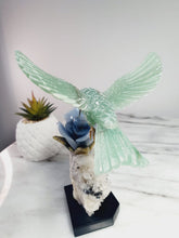 Load image into Gallery viewer, Green Jade Hummingbird on Cluster Quartz Base &amp; Angelite Flower with Serpentine Leaves
