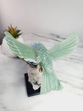 Load image into Gallery viewer, Green Jade Hummingbird on Cluster Quartz Base &amp; Angelite Flower with Serpentine Leaves
