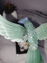 Load image into Gallery viewer, Green Jade Hummingbird on Cluster Quartz Base &amp; Angelite Flower with Serpentine Leaves
