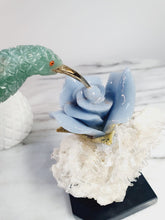 Load image into Gallery viewer, Green Jade Hummingbird on Cluster Quartz Base &amp; Angelite Flower with Serpentine Leaves
