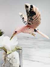 Load image into Gallery viewer, Peruvian Rhodonite Hummingbird on Quartz Cluster Base On White Jade Flower with Serpentine Leaves
