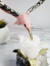 Load image into Gallery viewer, Peruvian Rhodonite Hummingbird on Quartz Cluster Base On White Jade Flower with Serpentine Leaves
