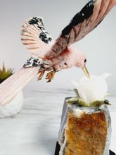 Load image into Gallery viewer, Peruvian Rhodonite Hummingbird on Quartz Cluster Base On White Jade Flower with Serpentine Leaves

