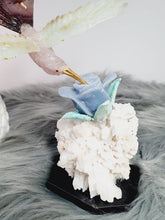 Load image into Gallery viewer, Peruvian Hand Carved Rose Quartz/ Blue Opal/ Mookaite Hummingbird on Angelite/ Turquoise Flower Stilbite Base
