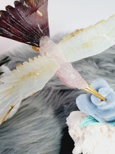 Load image into Gallery viewer, Peruvian Hand Carved Rose Quartz/ Blue Opal/ Mookaite Hummingbird on Angelite/ Turquoise Flower Stilbite Base
