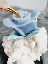 Load image into Gallery viewer, Peruvian Hand Carved Rose Quartz/ Blue Opal/ Mookaite Hummingbird on Angelite/ Turquoise Flower Stilbite Base

