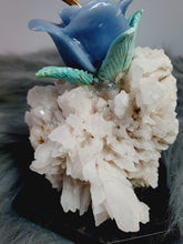 Load image into Gallery viewer, Peruvian Hand Carved Rose Quartz/ Blue Opal/ Mookaite Hummingbird on Angelite/ Turquoise Flower Stilbite Base
