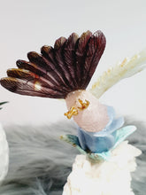 Load image into Gallery viewer, Peruvian Hand Carved Rose Quartz/ Blue Opal/ Mookaite Hummingbird on Angelite/ Turquoise Flower Stilbite Base
